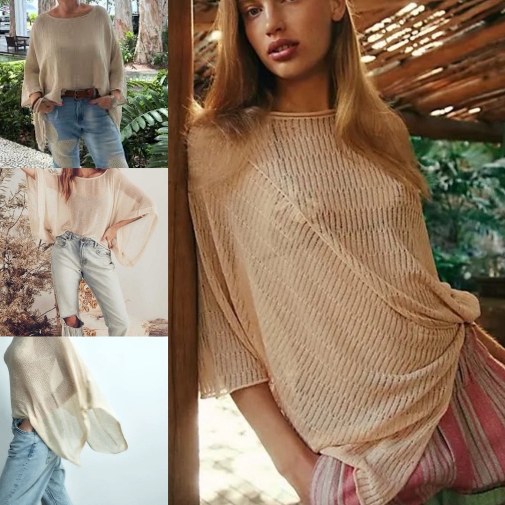 NWT Free People Beach Rivera Sweater Tunic in Sand Beige Knit Oversized Sweater